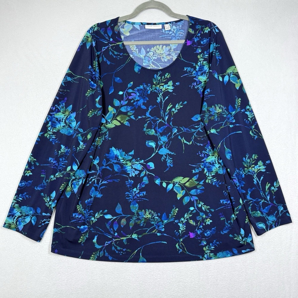 Susan Graver Top Womens 1X Floral Print Liquid Knit Tunic Blouse Scoop Neck